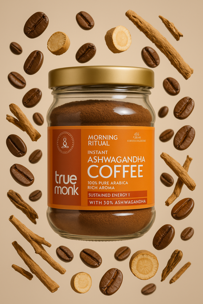 True Monk Ashwagandha Coffee jar with floating coffee beans and Benefits of coffee with Ashwagandha roots