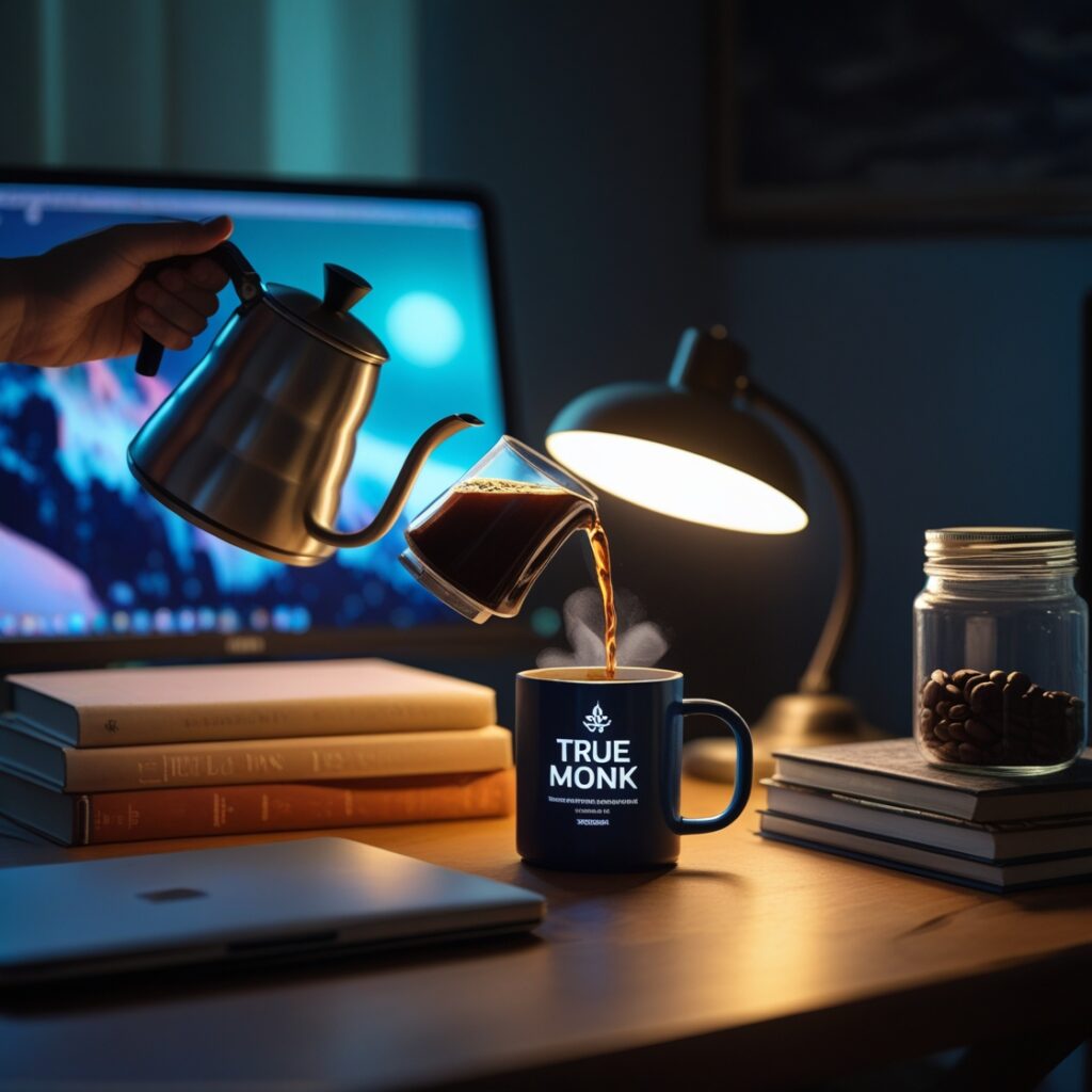 true monk coffee in a cup of true monk and showing the benefits of coffee